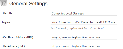 General Settings after WordPress INstall https://connectinglocalbusiness.com