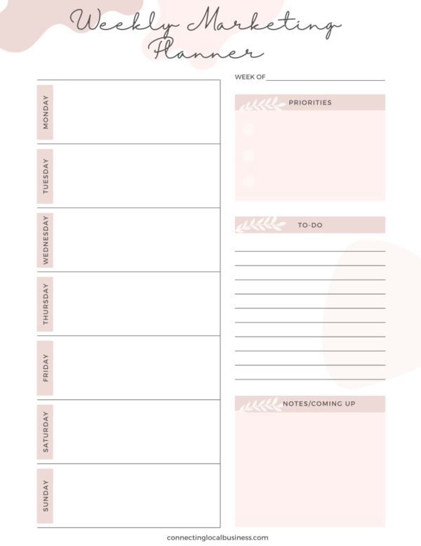 Weekly Marketing Planner page by connectinglocalbusiness.com
