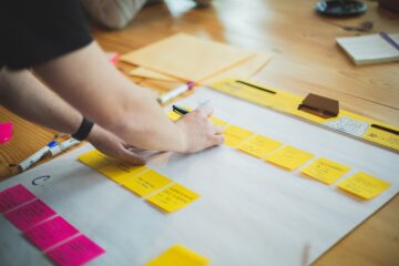 laying out a business strategy using post it notes