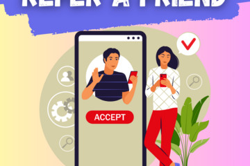 two people on cell phones with refer a friend